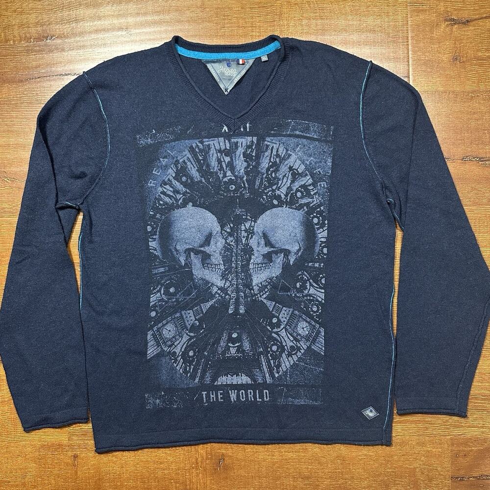 Japan Rags Sweater Mens L Blue Skull V Neck Wool Blend Rock Alt Retro Time Clock